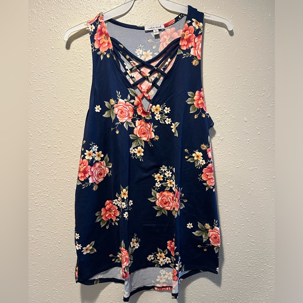 Navy flower criss cross tank top